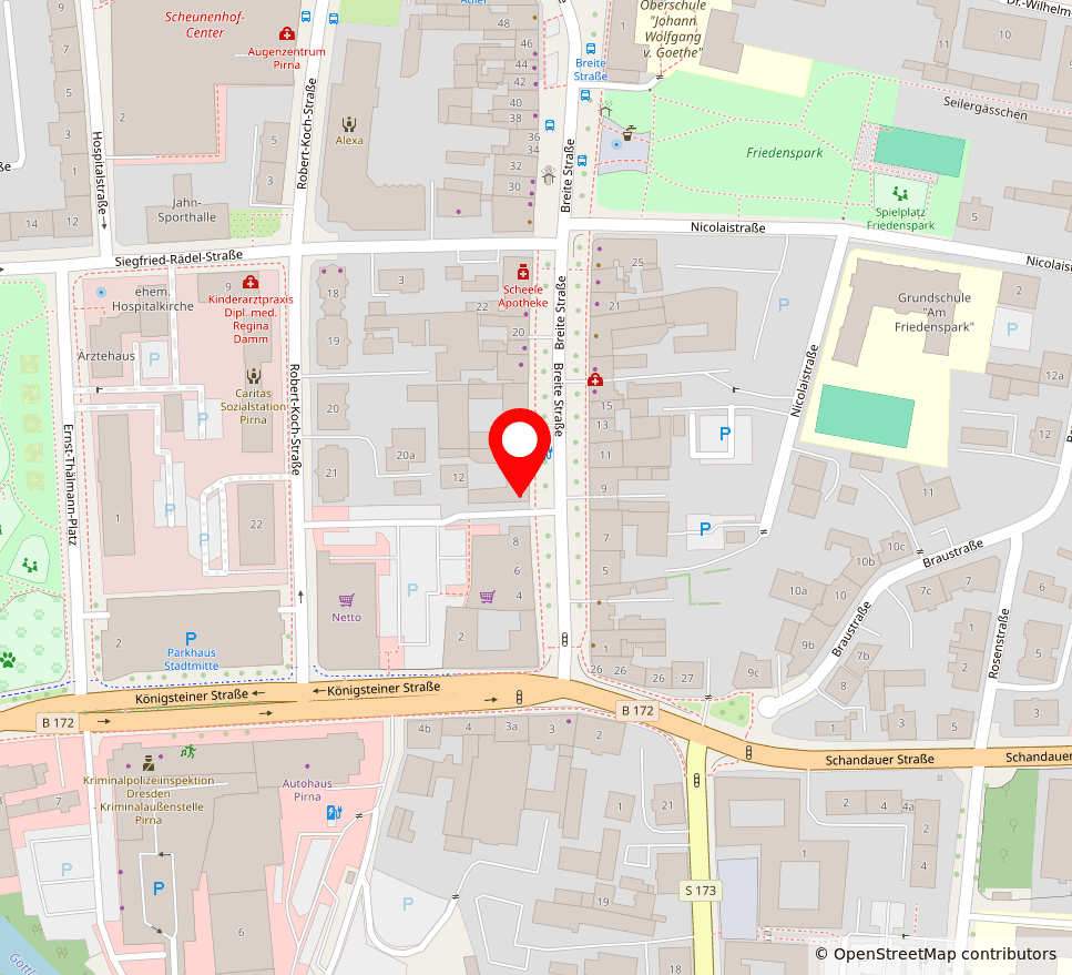 Kartenausschnitt von Kassensysteme Pirna. Kartendaten © OpenStreetMap-Mitwirkende, Lizenz: ODbL. https://www.openstreetmap.org/copyright